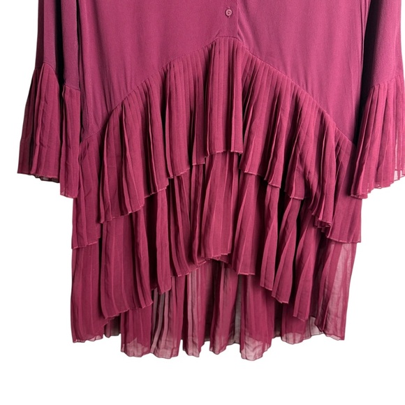 Zara Woman Contrasting Pleated Tunic Dress Burgundy Size S Bell Sleeves V Neck - Picture 4 of 11